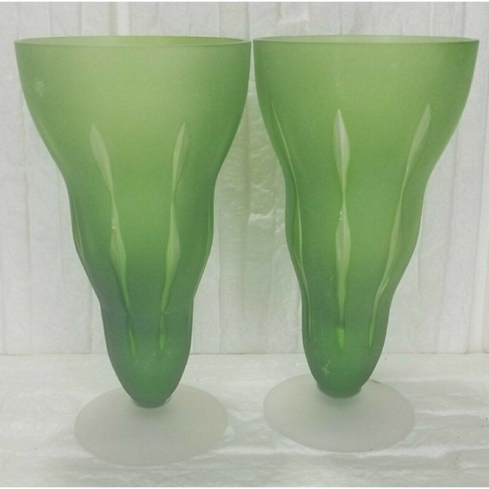 SASAKI Crystal Handcrafted Radiance Green Frosted Bud Vases Set 2 Japan 6" tall